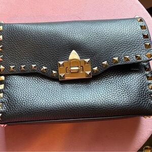 Valentino Garavani Black Leather Clutch with Gold Studs
